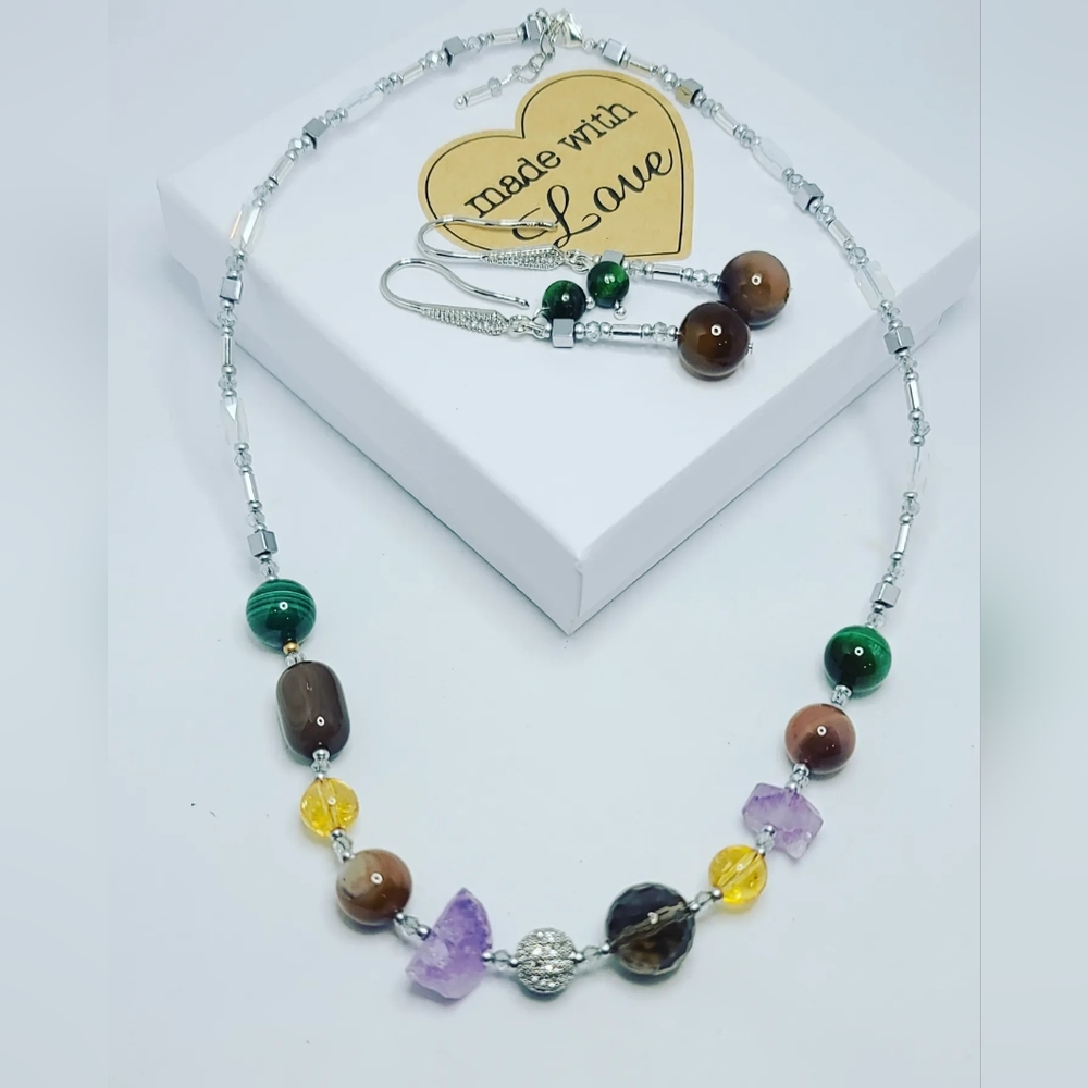 Mixed Natural Crystals , Zirconia charm necklace and earrings set